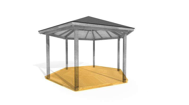 Technical render of a 5M Hexagonal Gazebo with Decked Base